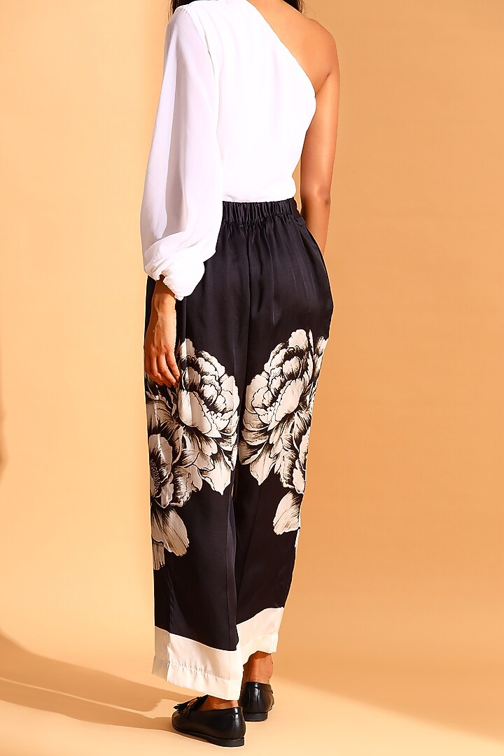 Black & White Copper Silk Floral Pants by MOH India at Pernia's Pop Up Shop
