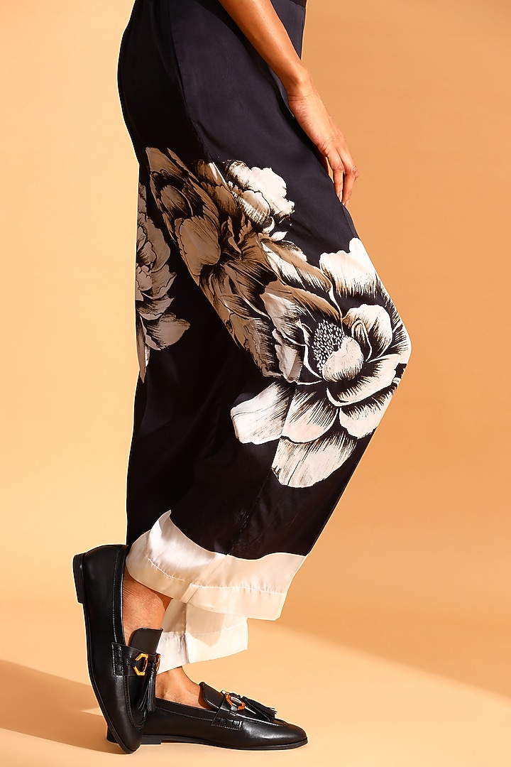 Black & White Copper Silk Floral Pants by MOH India at Pernia's Pop Up Shop