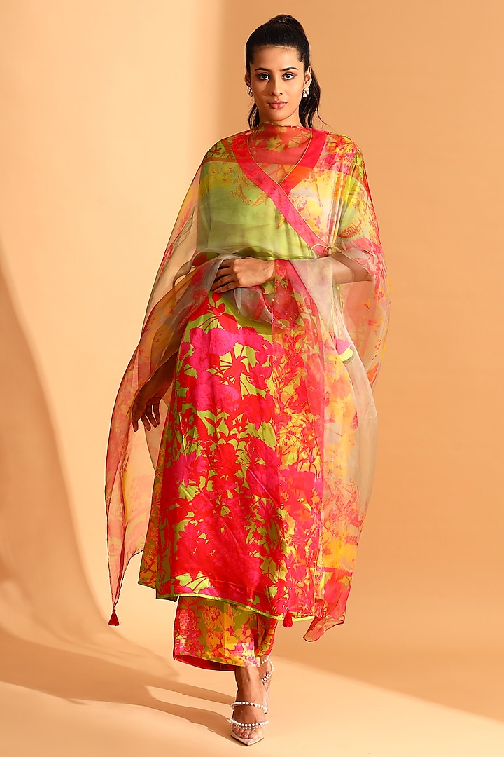 Fused Green & Magenta Pink Copper Silk Angrakha Kurta Set by MOH India