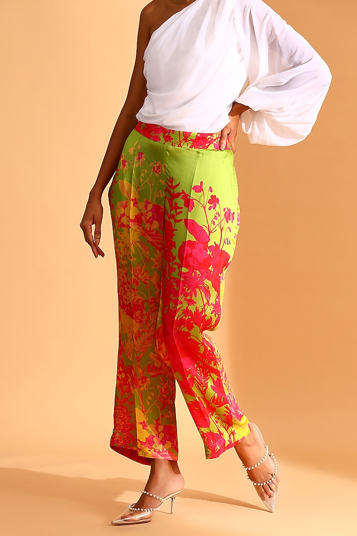 Fused Green & Magenta Pink Copper Silk Pants by MOH India