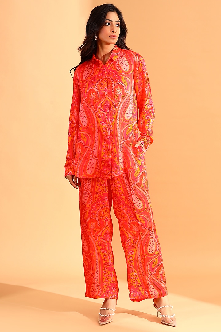 Coral & Magenta Copper Silk Paisley Printed Co-Ord Set by MOH India