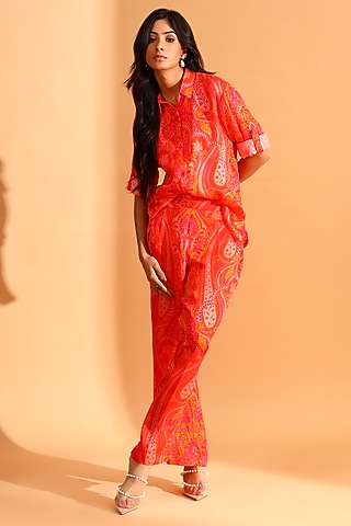 Coral & Magenta Copper Silk Paisley Printed Monochrome Pants by MOH India