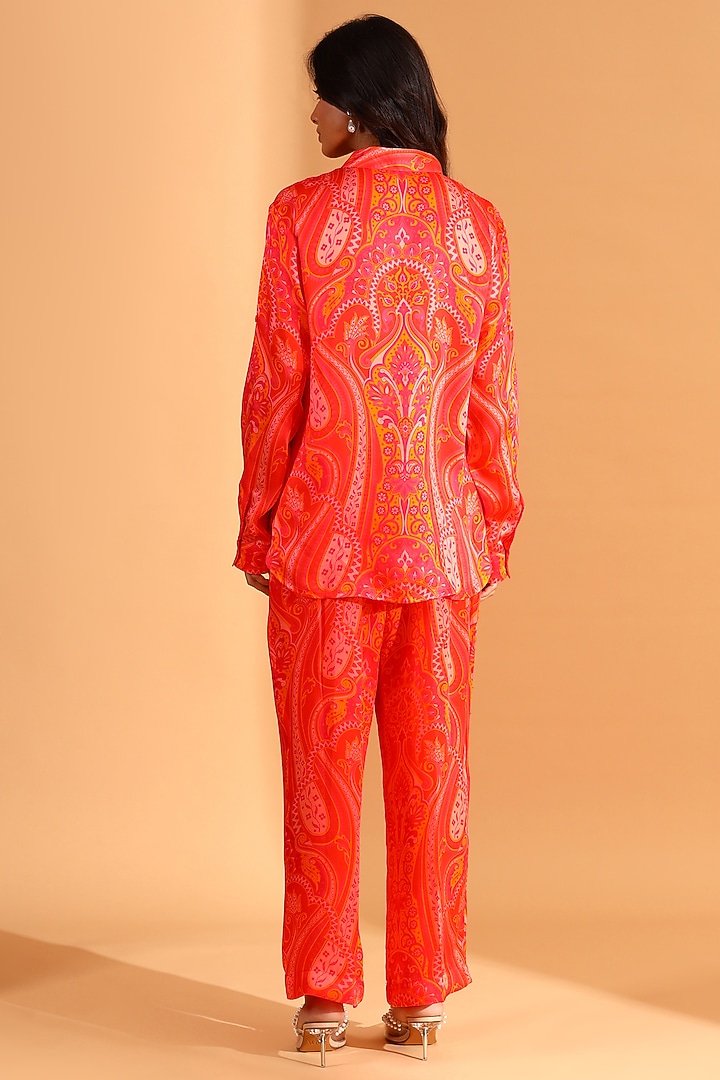 Coral & Magenta Copper Silk Paisley Printed Monochrome Pants by MOH India at Pernia's Pop Up Shop