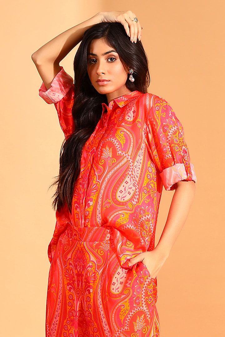 Coral & Magenta Copper Silk Paisley Printed Monochrome Pants by MOH India at Pernia's Pop Up Shop
