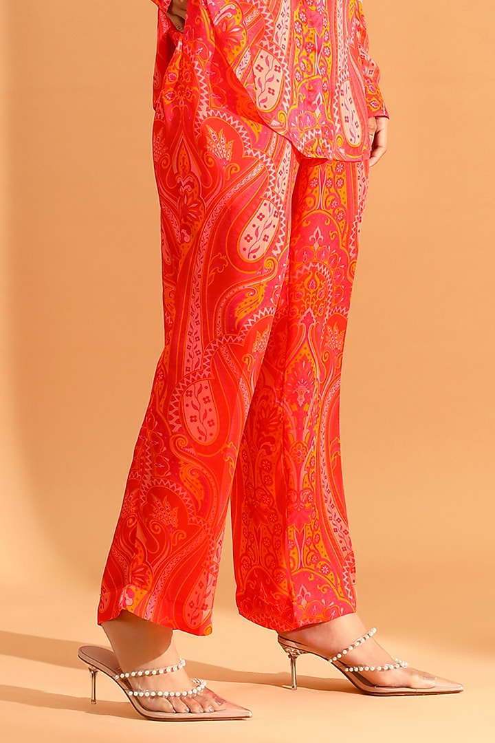 Coral & Magenta Copper Silk Paisley Printed Monochrome Pants by MOH India at Pernia's Pop Up Shop