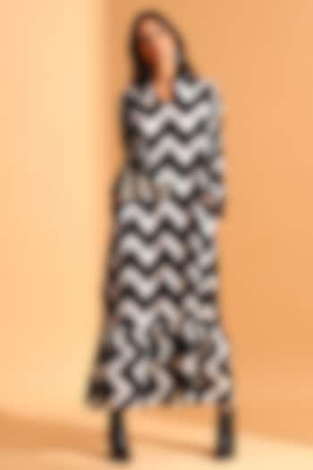 Black & Grey Copper Silk Chevron Printed Maxi Dress by MOH India