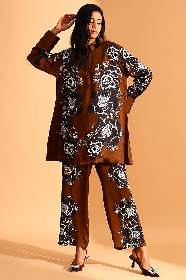Brown & Black Copper Silk Floral Printed Co-Ord Set by MOH India