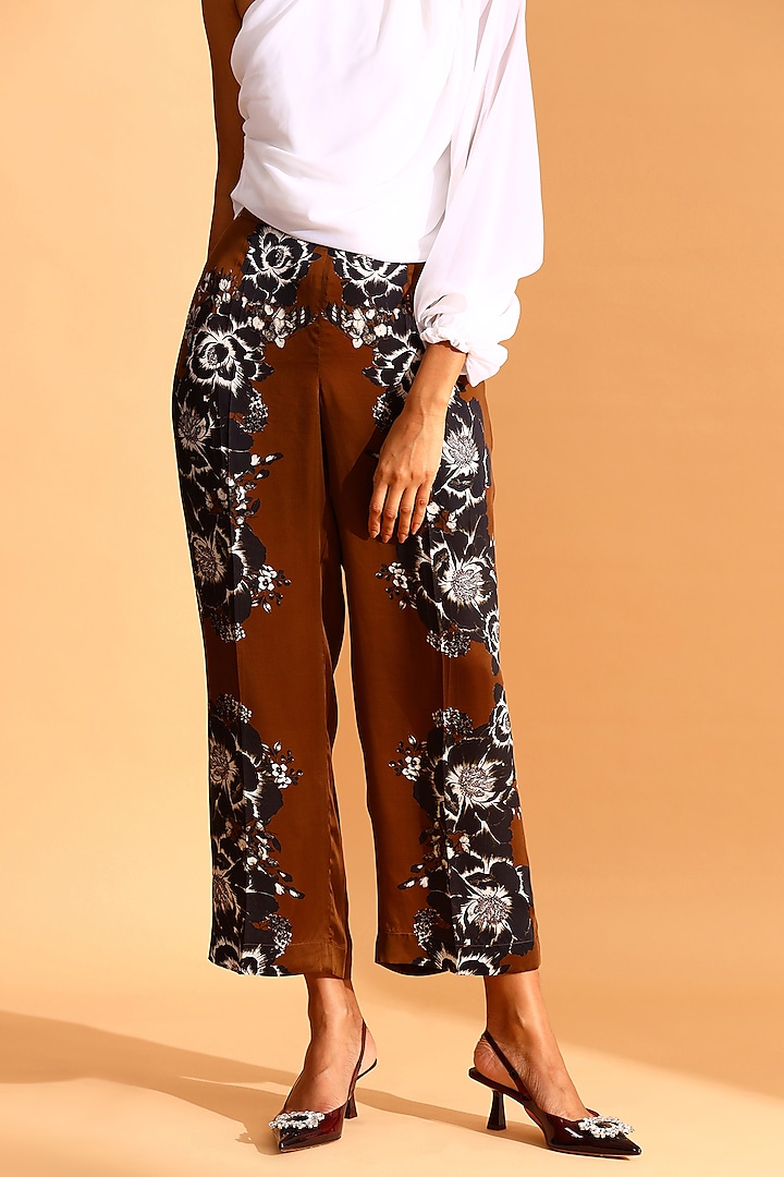 Brown & Black Copper Silk Floral Printed Trousers by MOH India