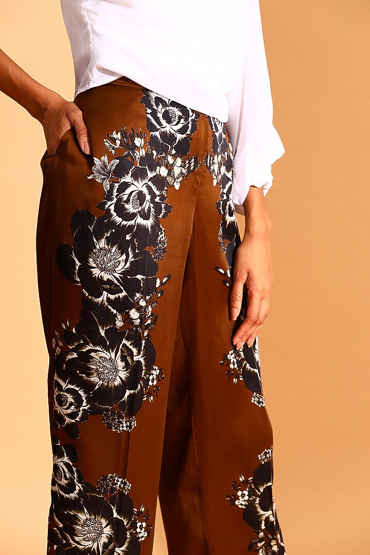 Brown & Black Copper Silk Floral Printed Trousers by MOH India at Pernia's Pop Up Shop
