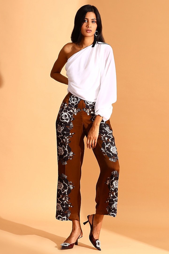 Brown & Black Copper Silk Floral Printed Trousers by MOH India at Pernia's Pop Up Shop