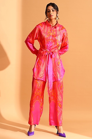Coral & Magenta Pink Copper Silk Tunic Set by MOH India