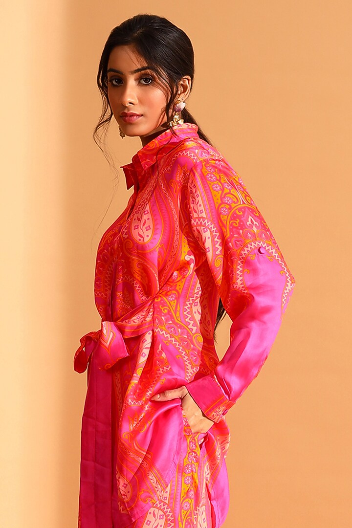 Coral & Magenta Pink Copper Silk Tunic Set by MOH India at Pernia's Pop Up Shop