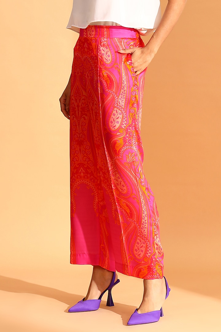 Coral & Magenta Pink Copper Silk Paisley Printed Monochrome Pants by MOH India