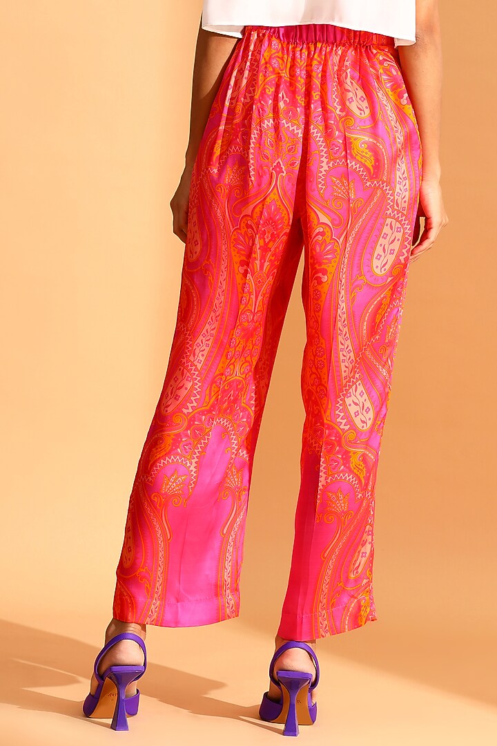 Coral & Magenta Pink Copper Silk Paisley Printed Monochrome Pants by MOH India at Pernia's Pop Up Shop