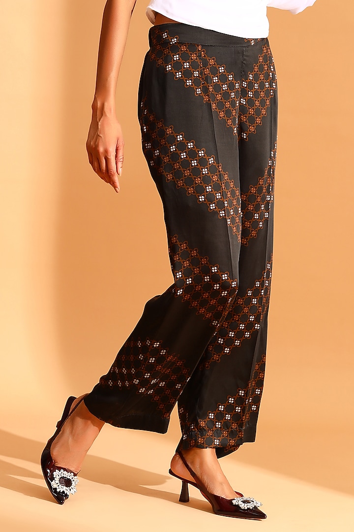 Brown & Black Cupro Chevron Printed Trousers by MOH India