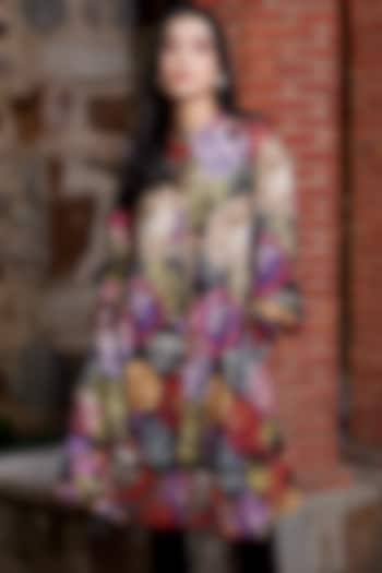 Black Merino Wool Floral Printed Summer Dress by MOH India at Pernia's Pop Up Shop