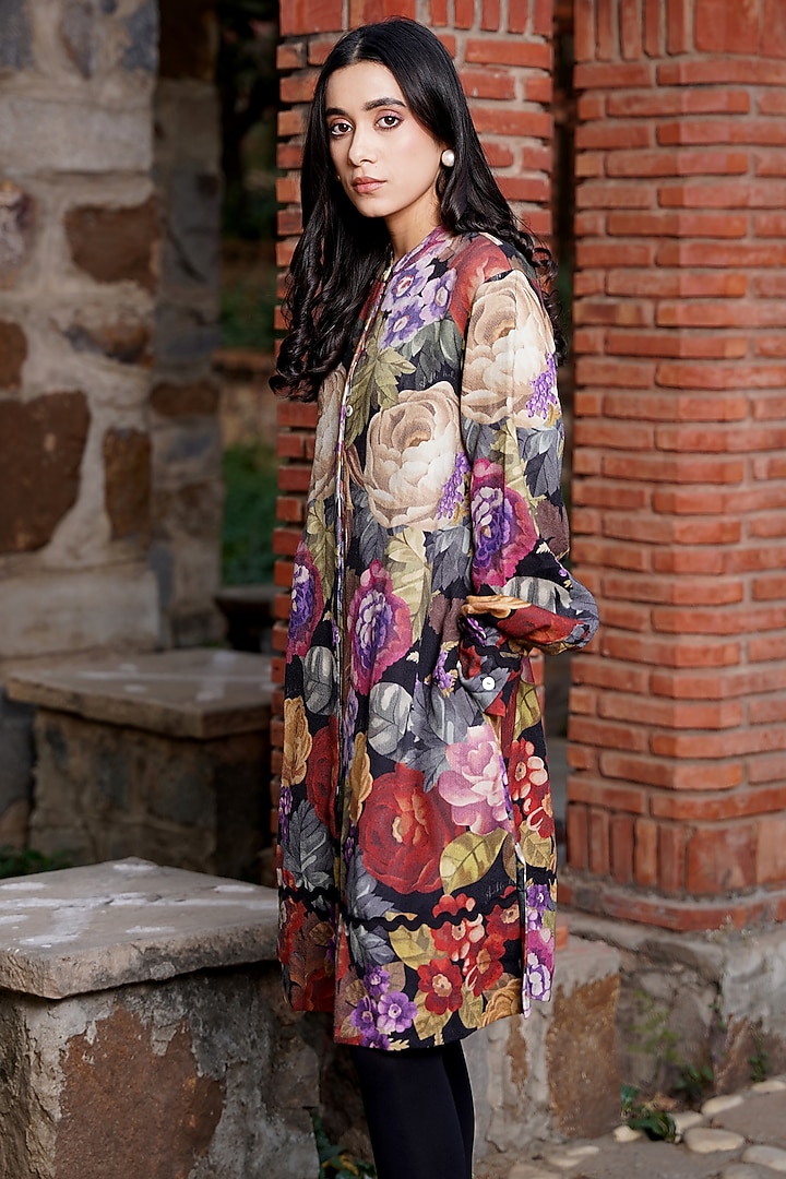 Black Merino Wool Floral Printed Summer Dress by MOH India at Pernia's Pop Up Shop