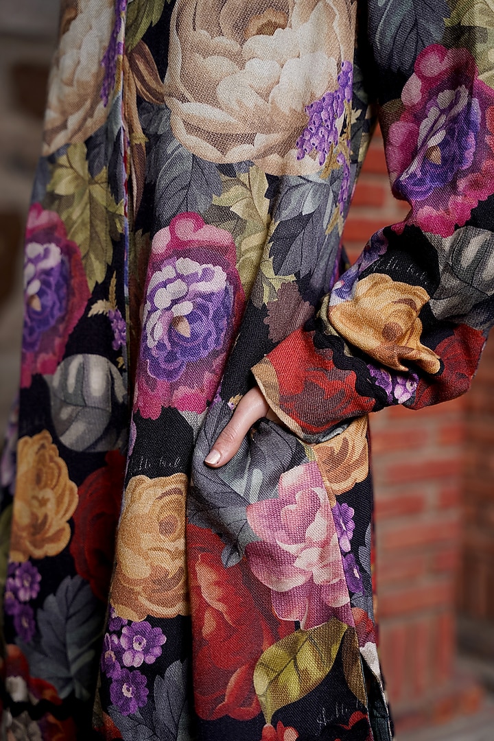 Black Merino Wool Floral Printed Summer Dress by MOH India at Pernia's Pop Up Shop