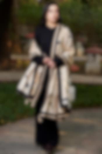 Black & Ivory Merino Wool Printed Shawl by MOH India at Pernia's Pop Up Shop