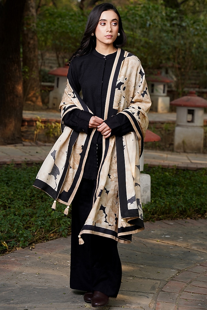 Black & Ivory Merino Wool Printed Shawl by MOH India at Pernia's Pop Up Shop