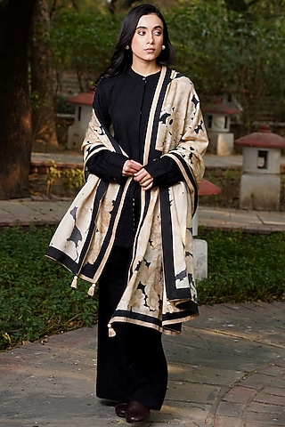 Black & Ivory Merino Wool Printed Shawl by MOH India