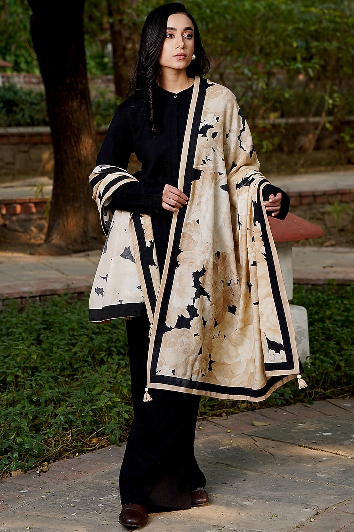 Black & Ivory Merino Wool Printed Shawl by MOH India at Pernia's Pop Up Shop
