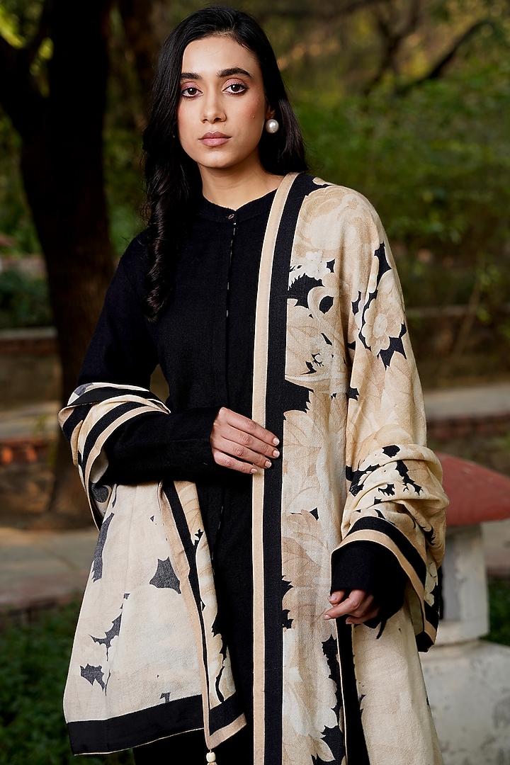 Black & Ivory Merino Wool Printed Shawl by MOH India at Pernia's Pop Up Shop