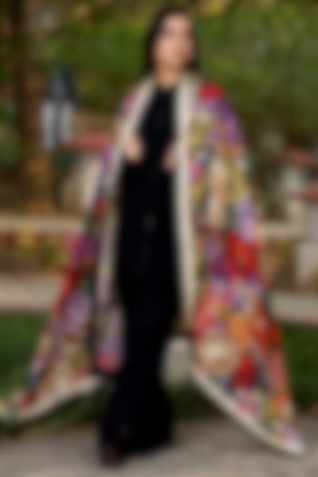Black Merino Wool Floral Printed Shawl by MOH India at Pernia's Pop Up Shop