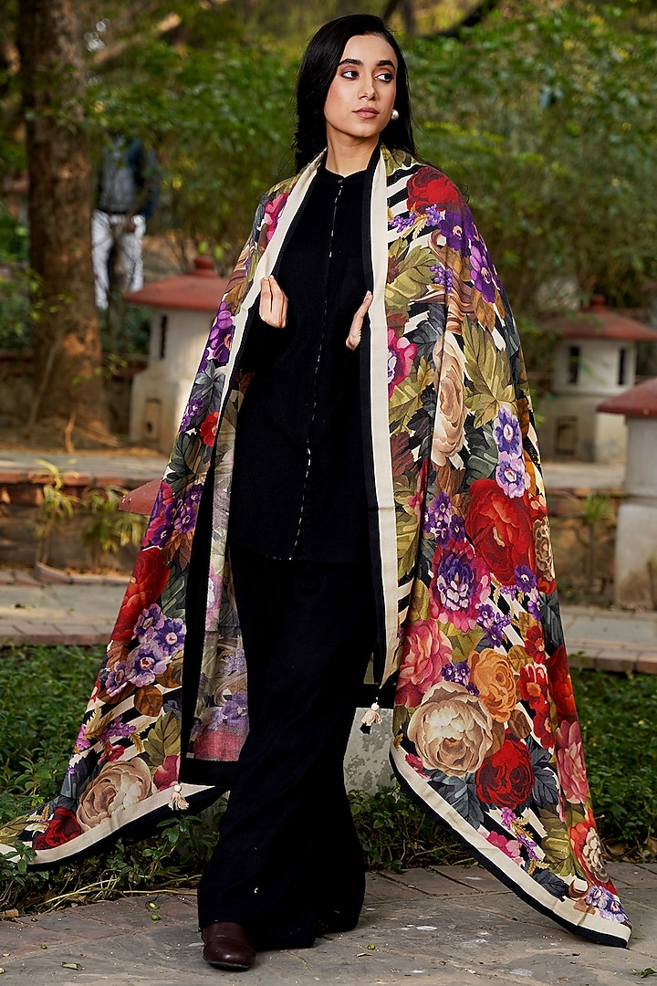 Black Merino Wool Floral Printed Shawl by MOH India at Pernia's Pop Up Shop