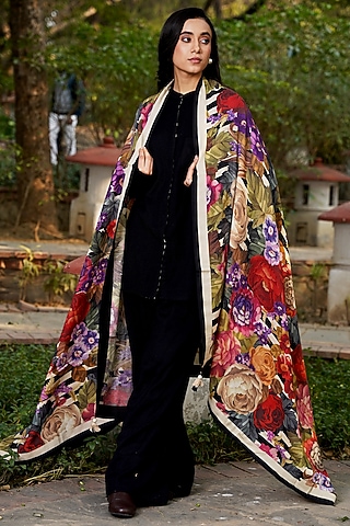 Black Merino Wool Floral Printed Shawl by MOH India
