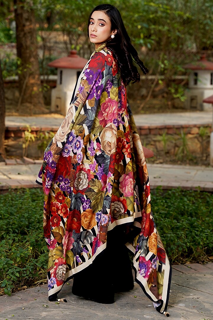 Black Merino Wool Floral Printed Shawl by MOH India at Pernia's Pop Up Shop