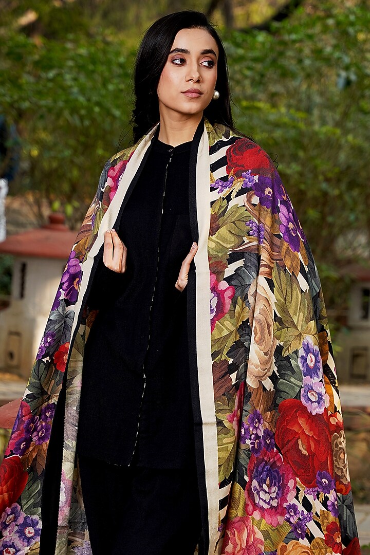 Black Merino Wool Floral Printed Shawl by MOH India at Pernia's Pop Up Shop