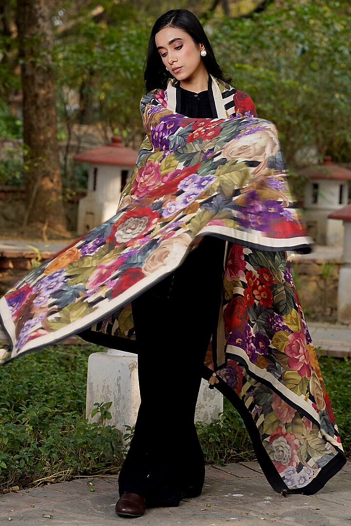 Black Merino Wool Floral Printed Shawl by MOH India at Pernia's Pop Up Shop