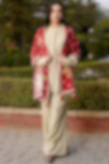 Beige & Red Merino Wool Printed Stole by MOH India at Pernia's Pop Up Shop