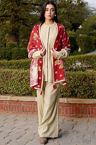 Beige & Red Merino Wool Printed Stole by MOH India