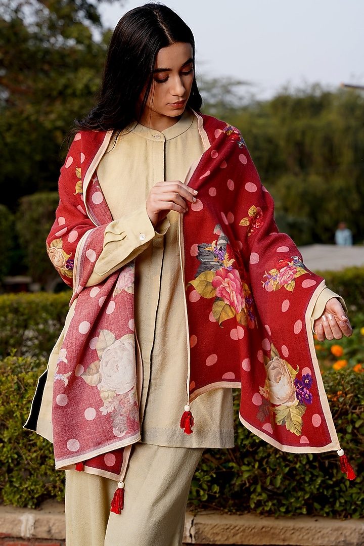 Beige & Red Merino Wool Printed Stole by MOH India at Pernia's Pop Up Shop