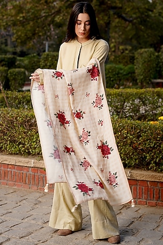 Off-White Merino Wool Floral Printed Stole by MOH India