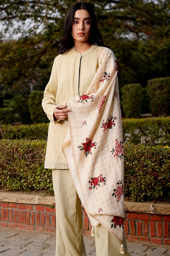 Off-White Merino Wool Floral Printed Stole by MOH India at Pernia's Pop Up Shop