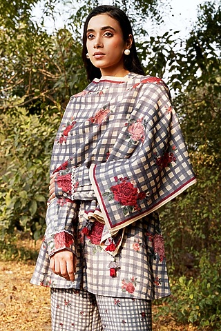 Blue Merino Wool Printed Stole by MOH India
