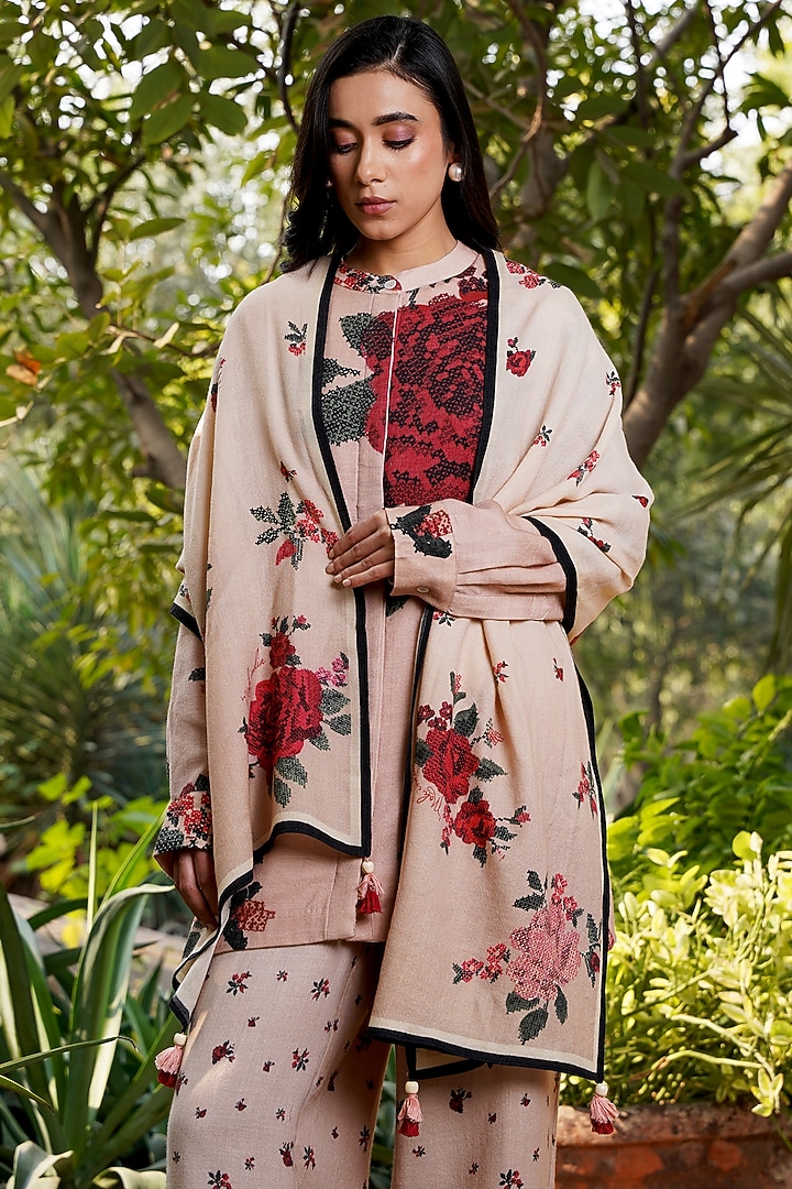 Nude Pink Merino Wool Printed Stole by MOH India at Pernia's Pop Up Shop