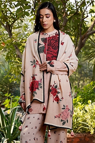 Nude Pink Merino Wool Printed Stole by MOH India