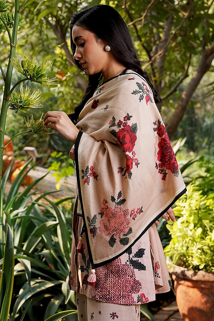 Nude Pink Merino Wool Printed Stole by MOH India at Pernia's Pop Up Shop