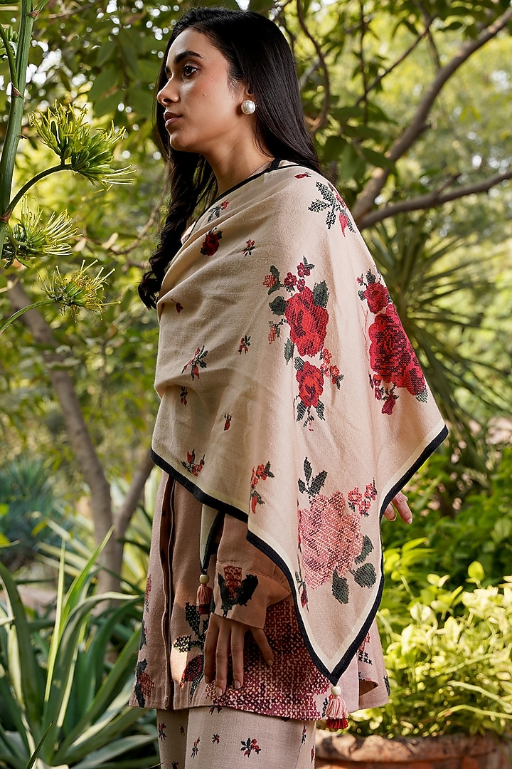 Nude Pink Merino Wool Printed Stole by MOH India at Pernia's Pop Up Shop