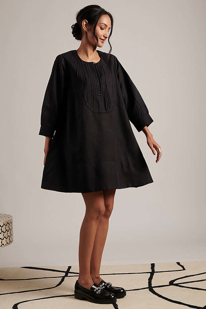 Black Pure Linen Pintuck Dress by MOH India at Pernia's Pop Up Shop