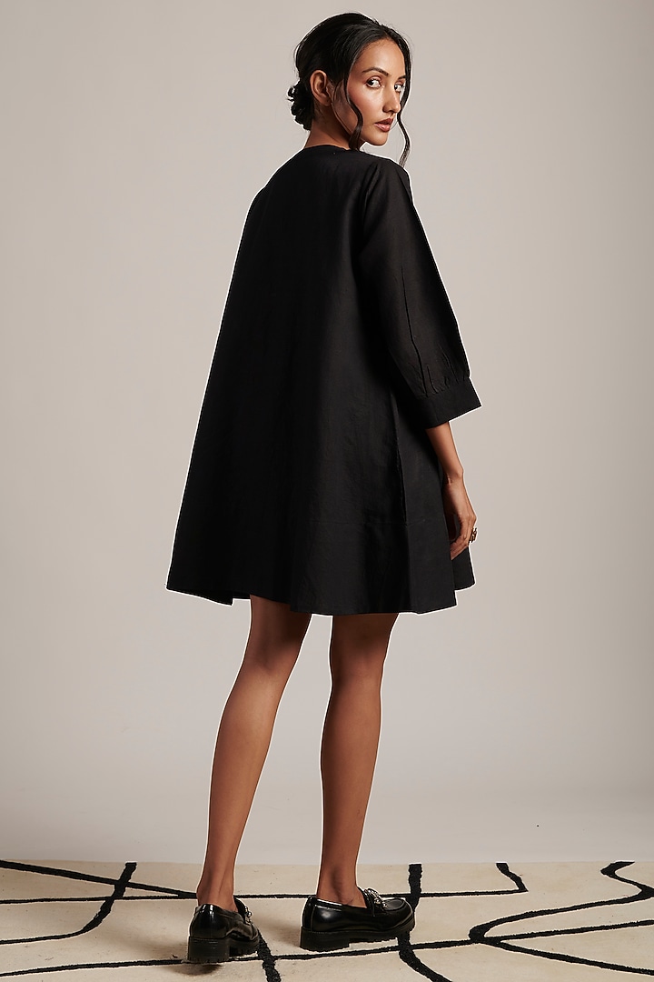 Black Pure Linen Pintuck Summer Dress by MOH India at Pernia's Pop Up Shop