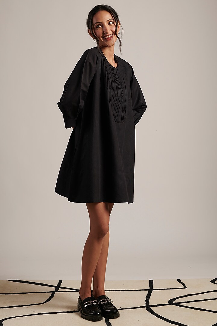 Black Pure Linen Pintuck Summer Dress by MOH India at Pernia's Pop Up Shop