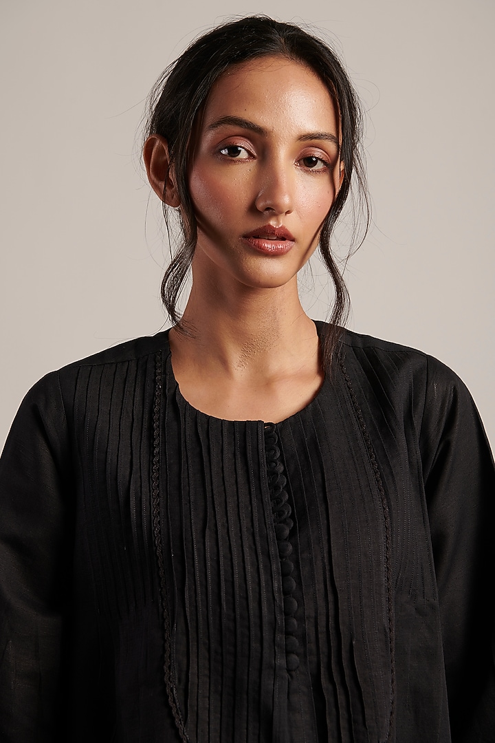 Black Pure Linen Pintuck Summer Dress by MOH India at Pernia's Pop Up Shop