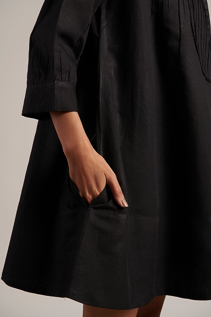 Black Pure Linen Pintuck Summer Dress by MOH India at Pernia's Pop Up Shop