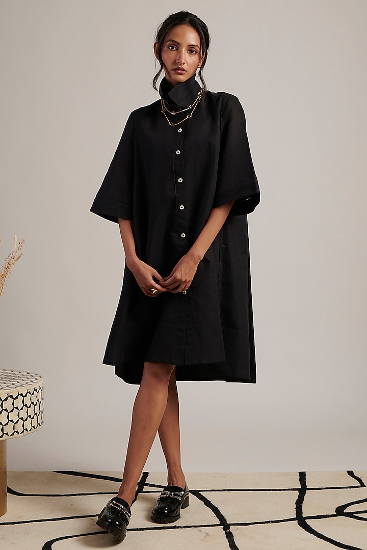 Black Pure Linen Shirt Dress by MOH India at Pernia's Pop Up Shop