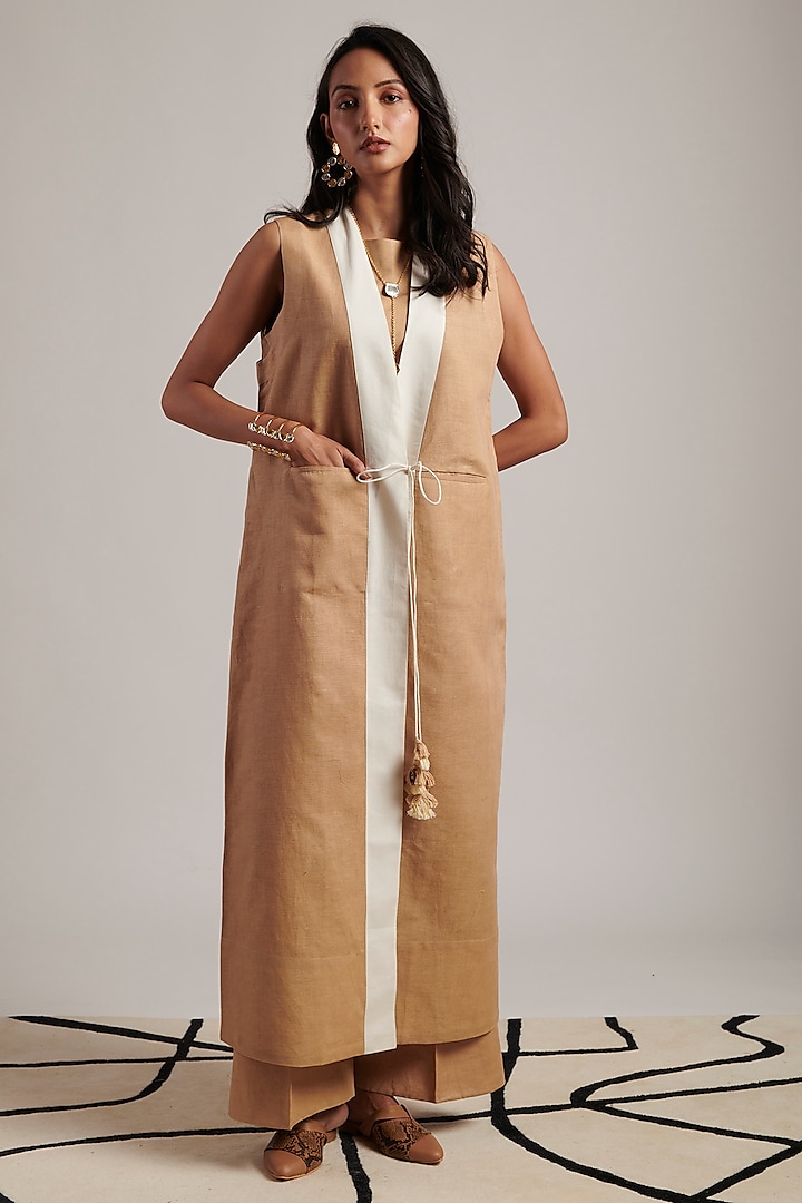 Beige Pure Linen Sleeveless Overlay by MOH India at Pernia's Pop Up Shop